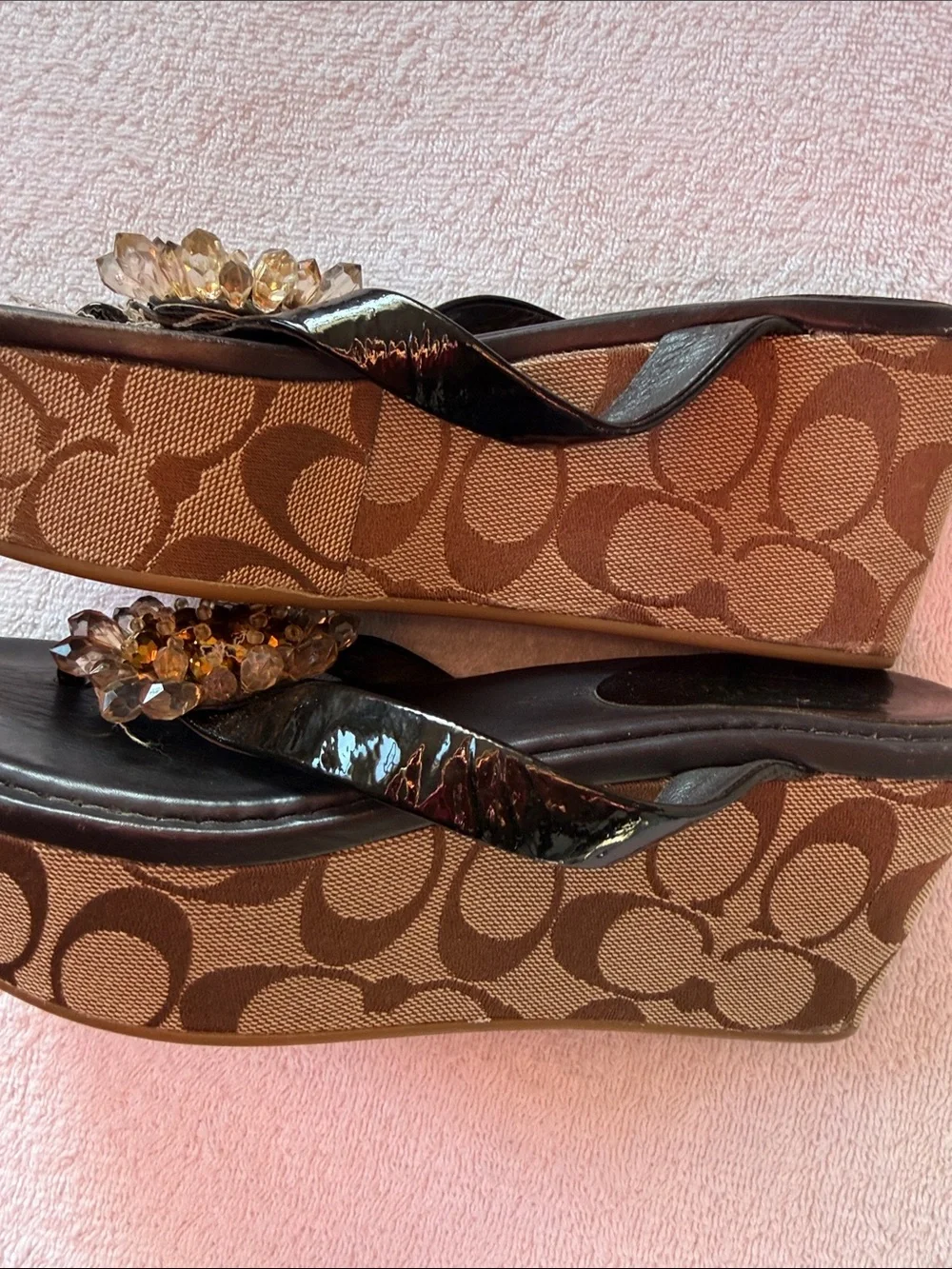 Coach Brown Signature Platform Wedge Sandals with Gold Bead Detail